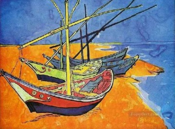 Fishing Boats on the Beach at Saintes Maries de la Mer Vincent van Gogh Oil Paintings